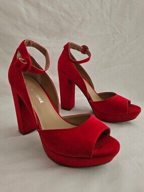 Sun + Stone Red Suede Platform Ankle-Strap Heels